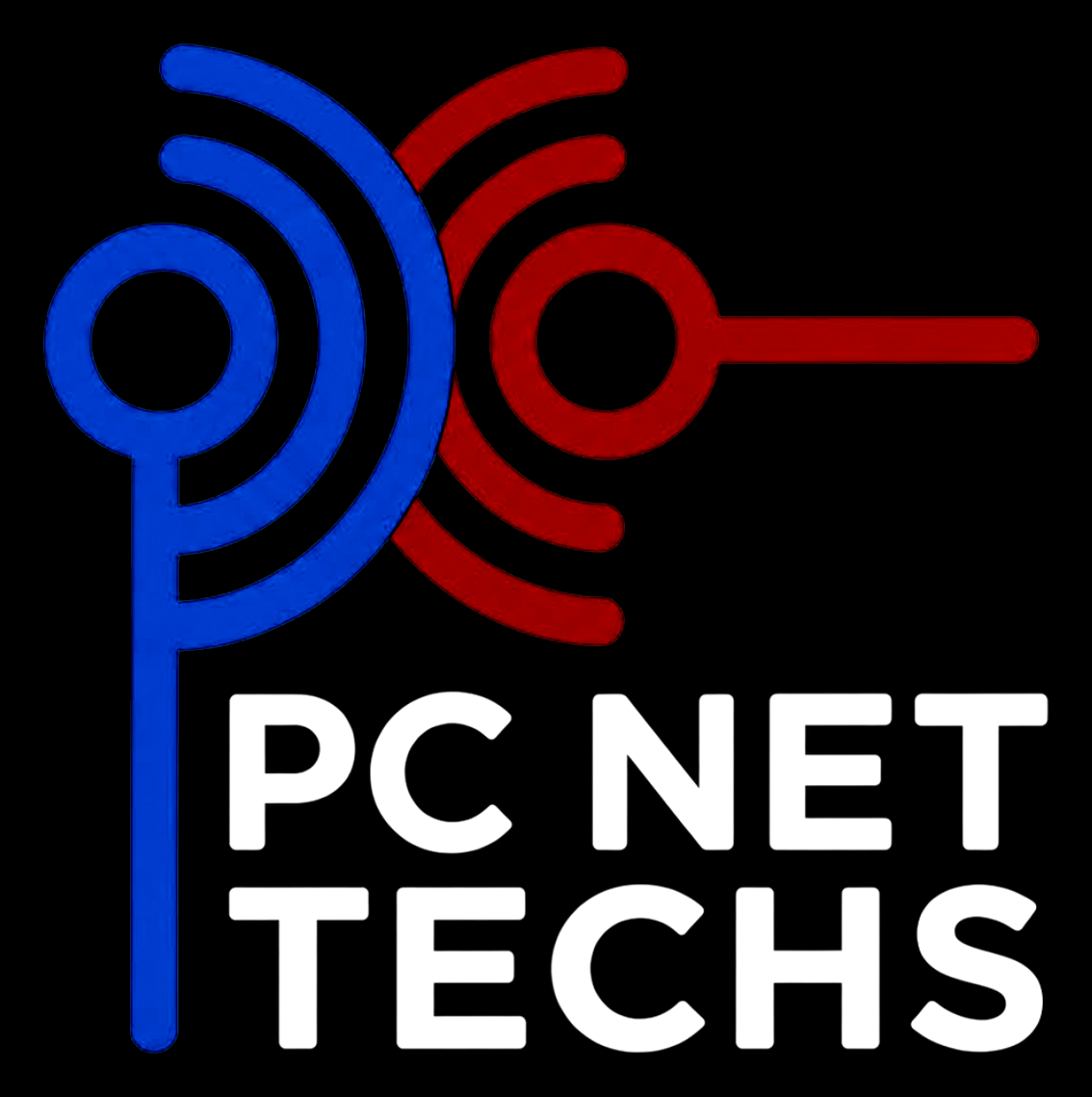 Current PC NET TECHS logo, blue and red symbol with white wordmark on black