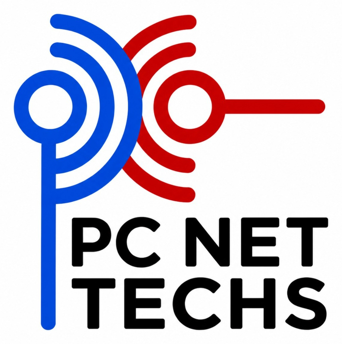 Current PC NET TECHS logo, blue and red symbol with black wordmark on white
