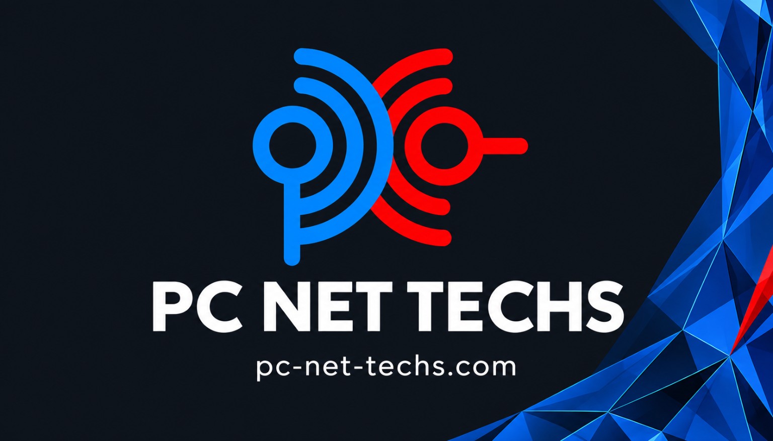 Black PC NET TECHS business card front with logo and website