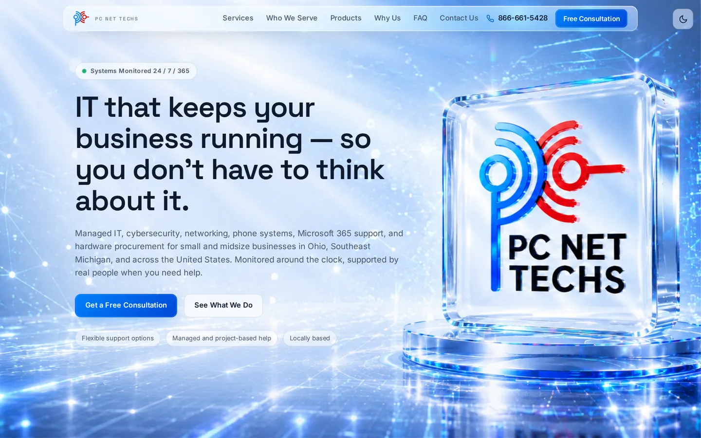 The PC NET TECHS homepage at desktop width