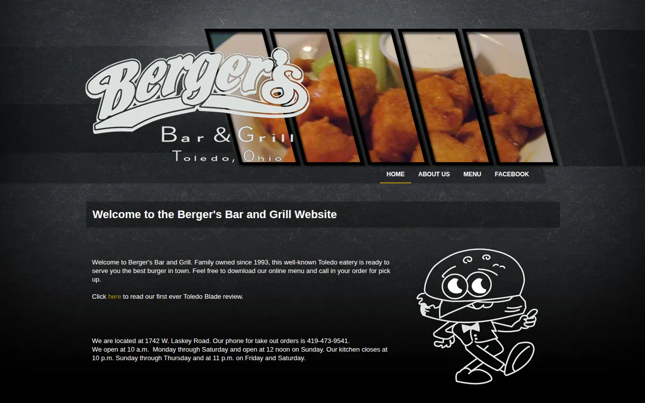 Berger's Bar & Grill website on a computer monitor, before the rebuild