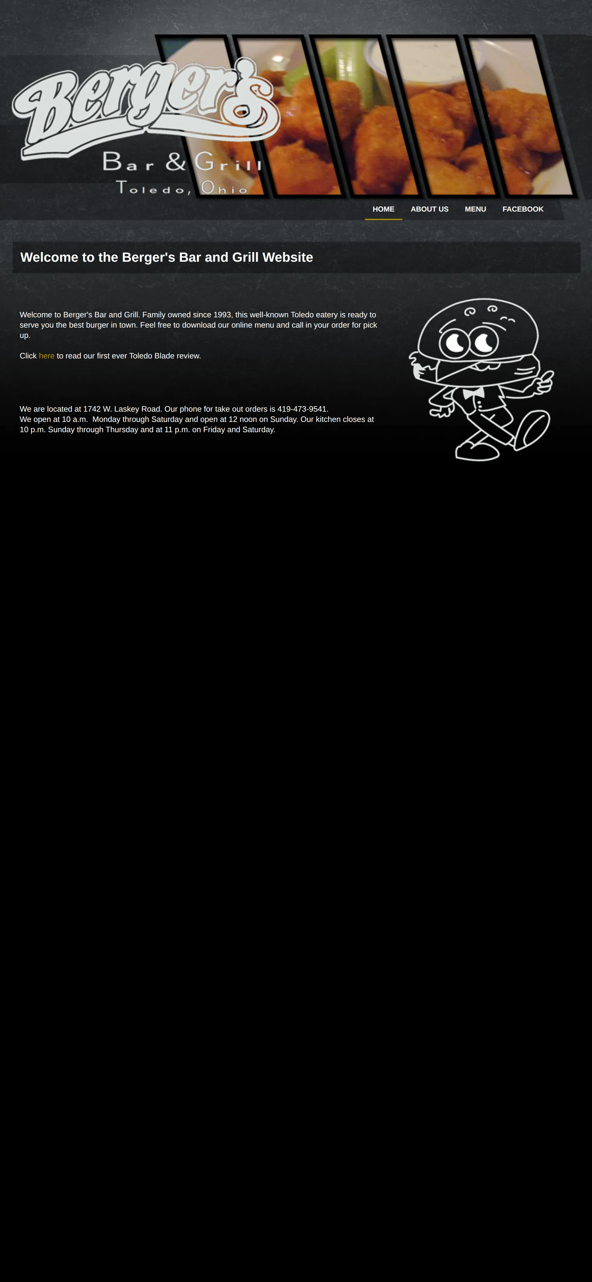 Berger's Bar & Grill website on a phone, before the rebuild (the whole page)