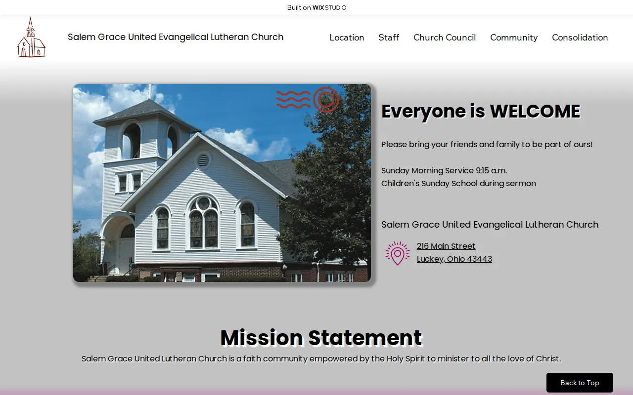 Salem Grace United Evangelical Lutheran Church website on a computer monitor, before the rebuild